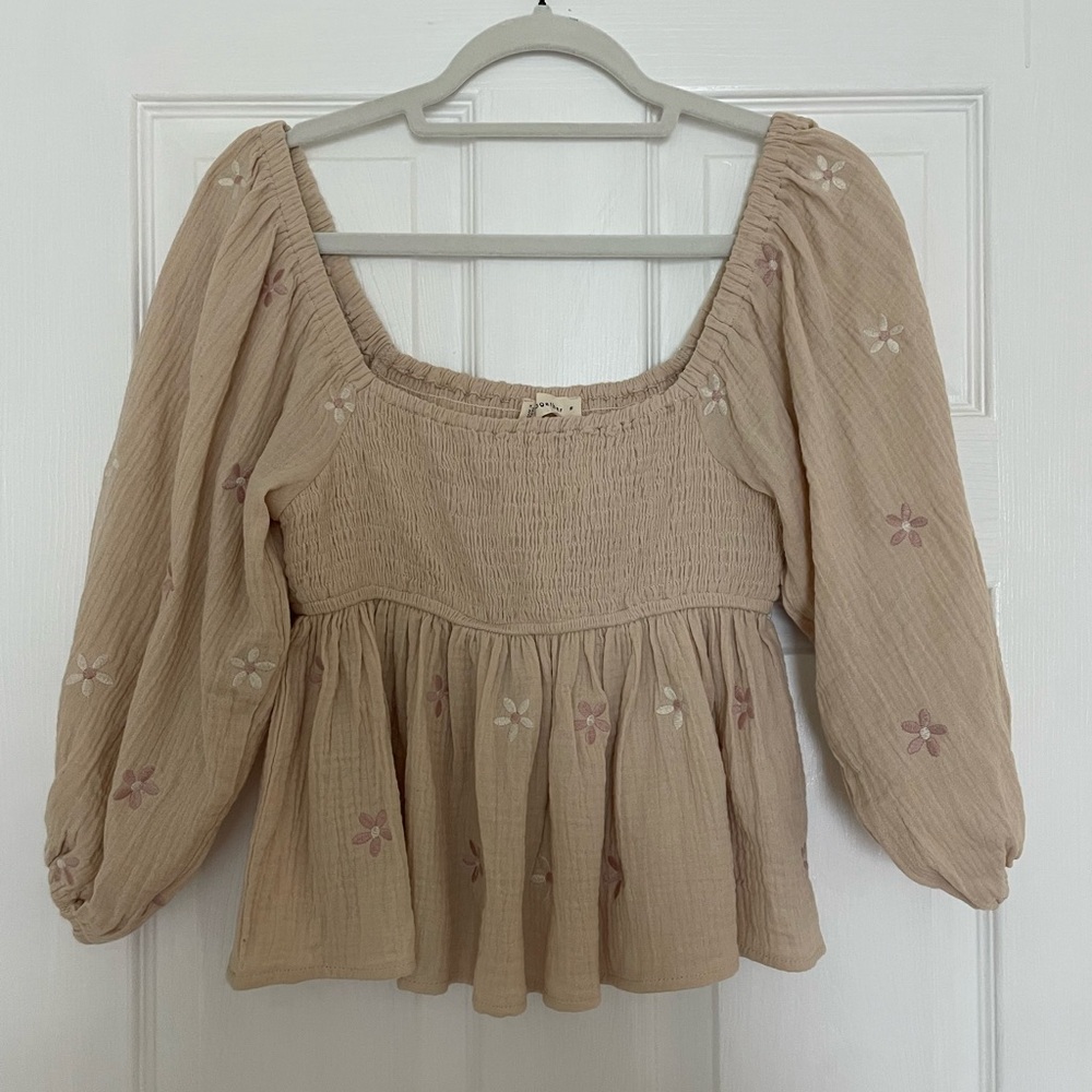 Free people look alike embroidered floral smocked top